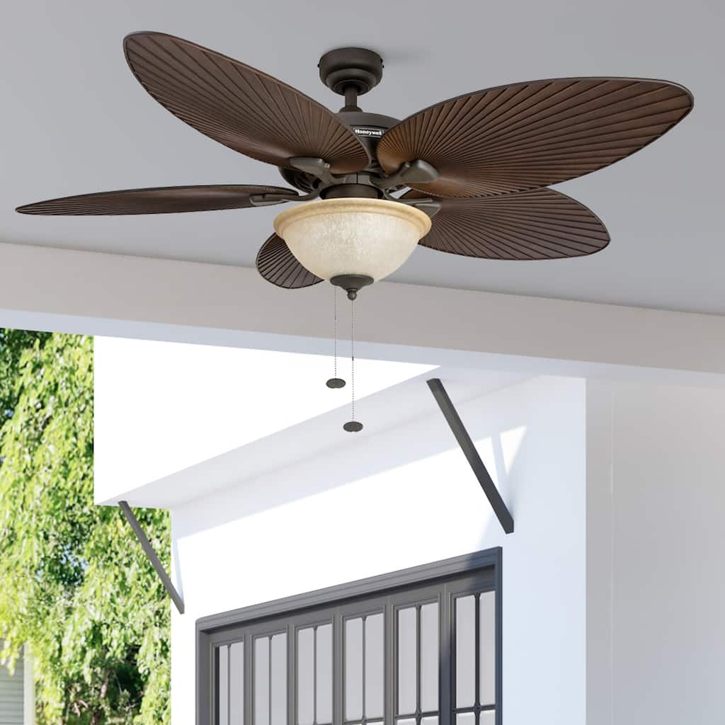52" Honeywell Palm Island Bronze Indoor/Outdoor Ceiling Fan with Light, Pull Chain, 5 Palm Leaf Blades