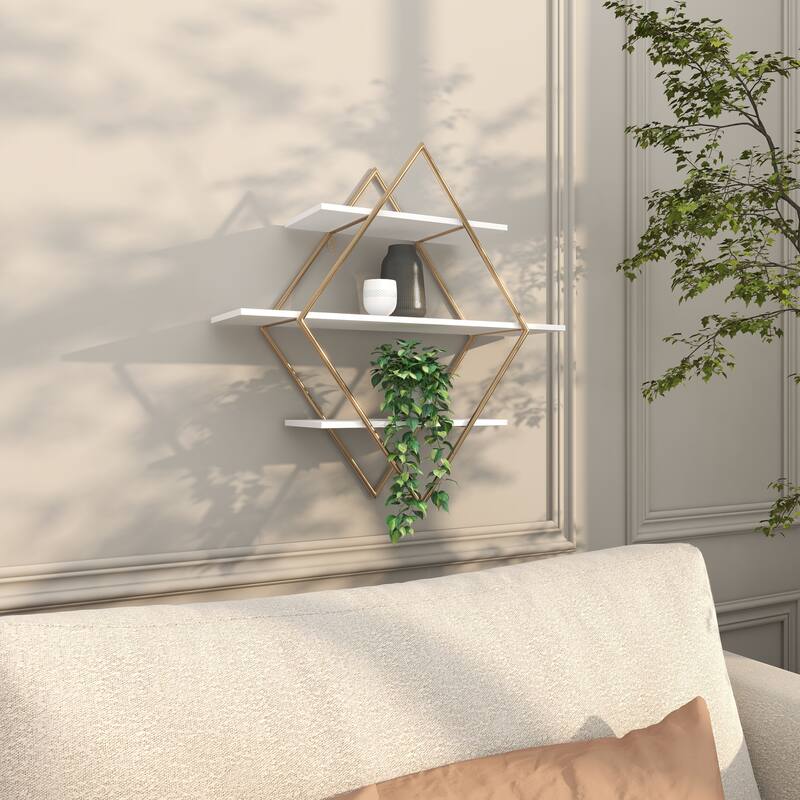 Wooden 3 Shelves Wall Shelf with Diamond Shape - Gold - Roche River Decor