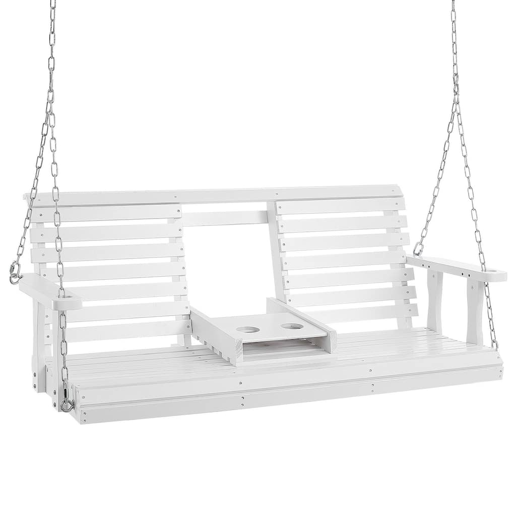 White Cedar Wood Porch Swing with Steel Chains and Cup Holder - 60” L x 28” W x 23.6” H