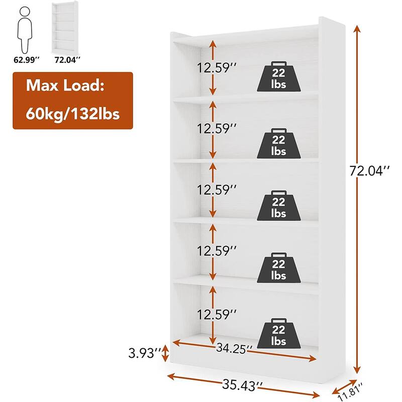 72-inch Bookcase, Modern 6-Tier White Bookshelf, Wood Display Shelf