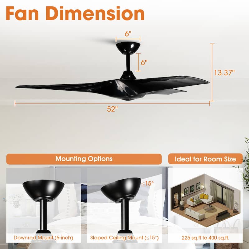 52-inch Modern Black ABS 3-Blade Propeller Ceiling Fan without Light