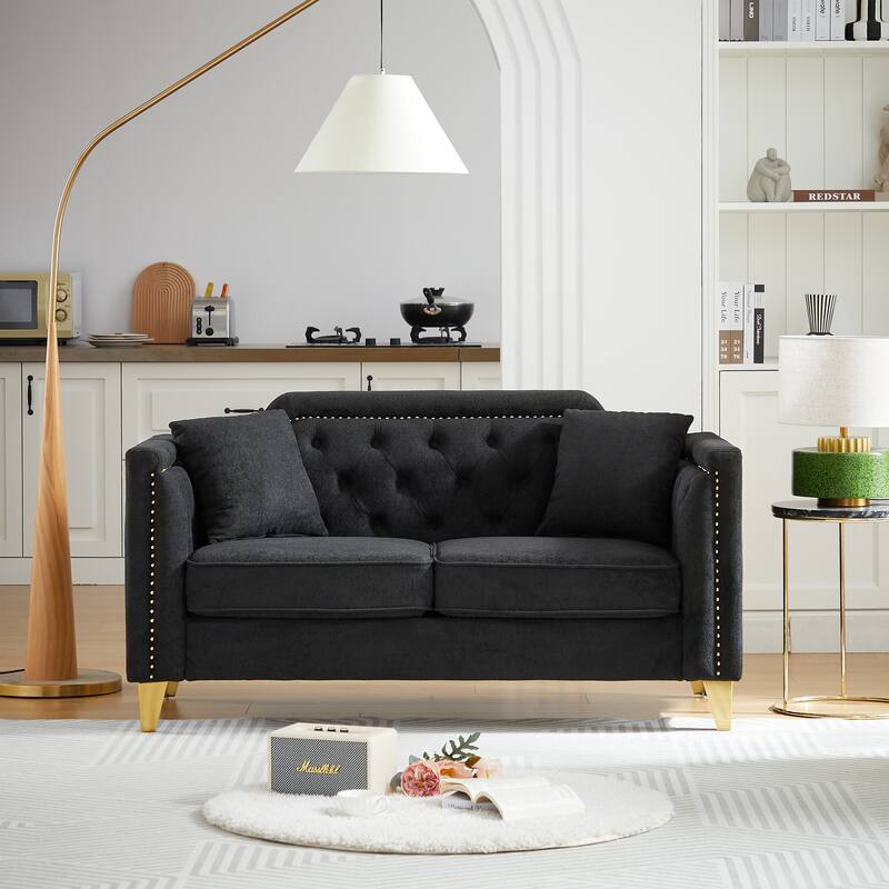 Chenille Fabric Sofa with Gold Metal Legs, Button Tufting, and Brass Nail Detail