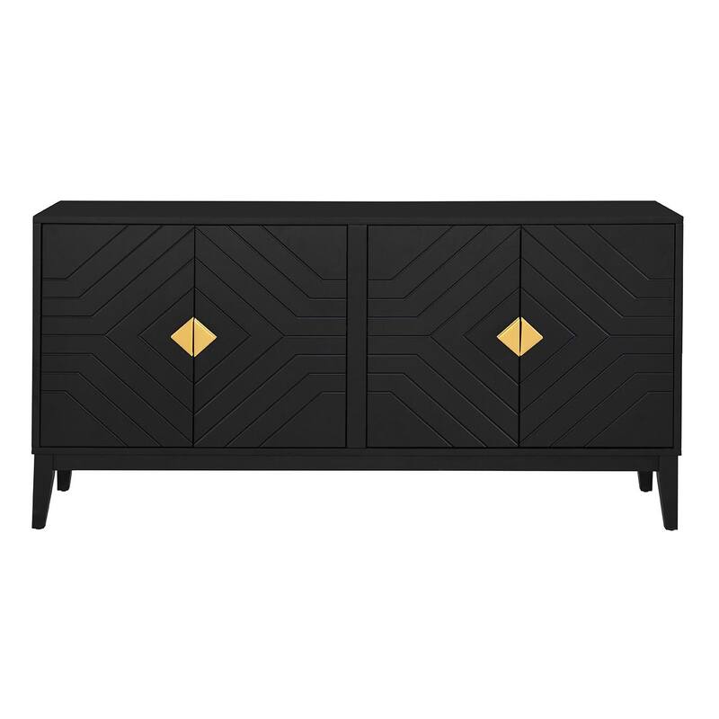 Roomfitters 4-Door Sideboard Storage Cabinet with Two Large Cabinets, Gold Handles and Adjustable Shelf, Black