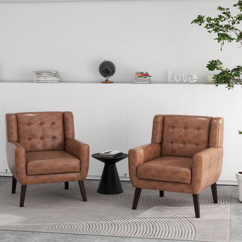 2 Set Modern Tufted Linen Upholstered Accent Chair Faux Leather Armchair