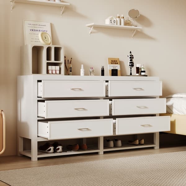 Furmax 6 Drawer Double Dresser, Wide Wood Chest Of Drawers Storage Tower Storage For Living Room Bedroom, White