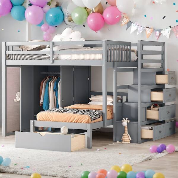 slide 2 of 15, Modern Full Over Twin Bunk Bed With Wardrobe And Drawers,Sturdy Frame,s Grey