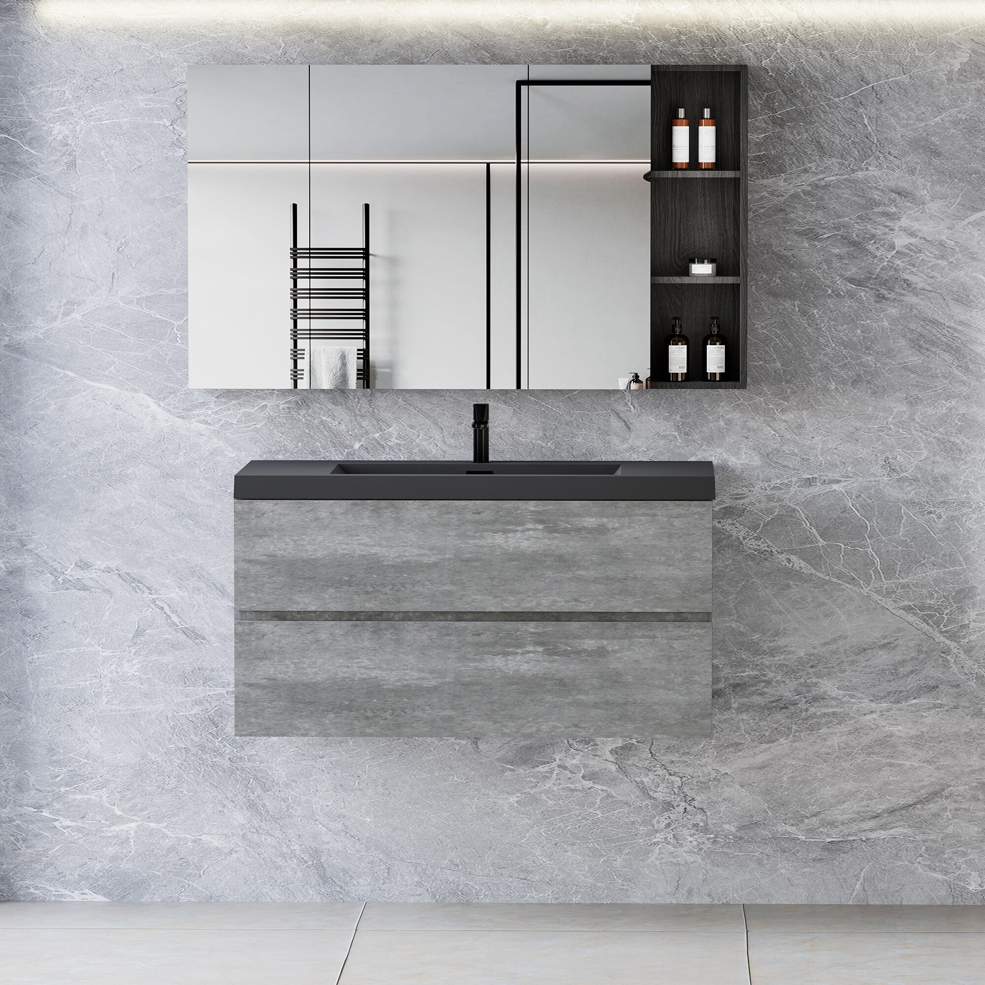 36" Wall-Mounted Floating Vanity with Premium Quartz Sand Basin, Grey Modern Storage Cabinet