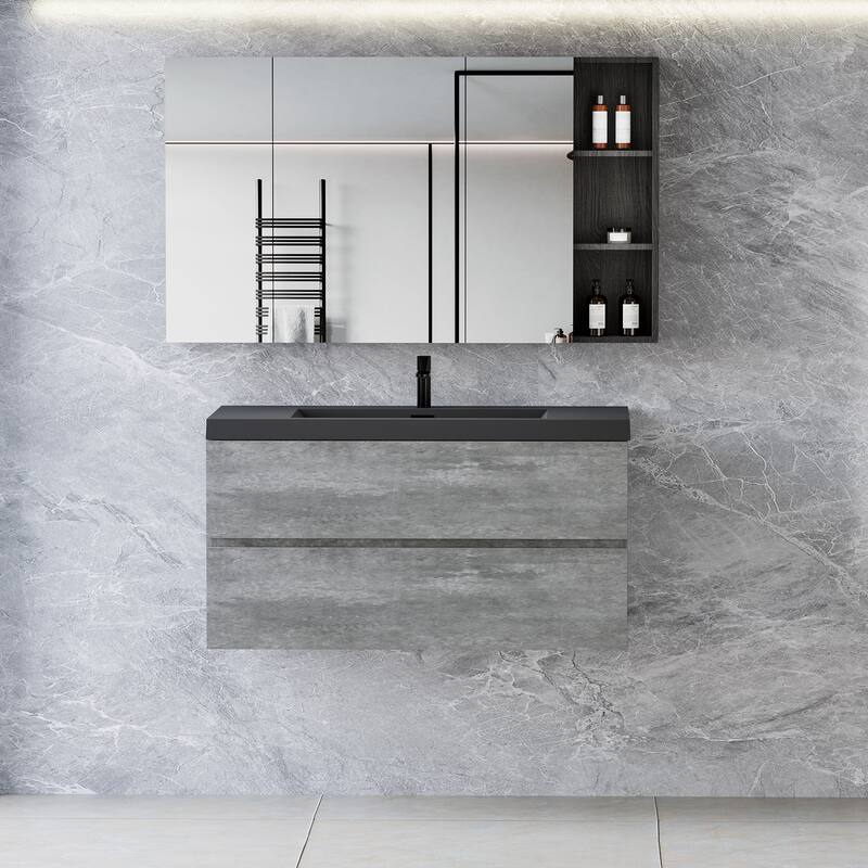 36" Wall-Mounted Floating Vanity with Premium Quartz Sand Basin, Grey Modern Storage Cabinet - 41.93 in W Melamine - Grey