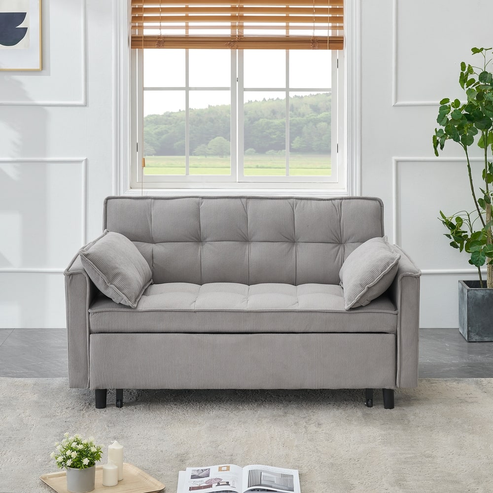 Gray Modern 54.3" Corduroy Loveseat Pull-out Sofa Bed with Adjustable Back and Pillows for Living Room