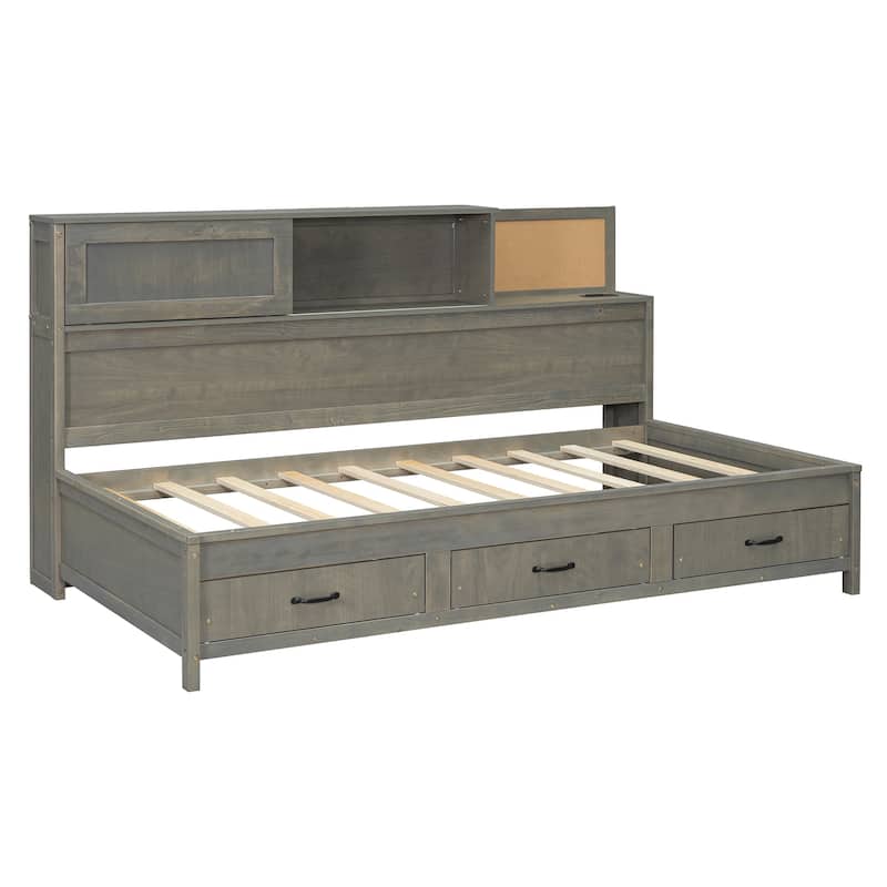 Twin Size Daybed with 3 Storage Drawers and Upper Soft Board, Versatile Wooden Sofa Bed Frame w/a Set of Sockets & USB Ports