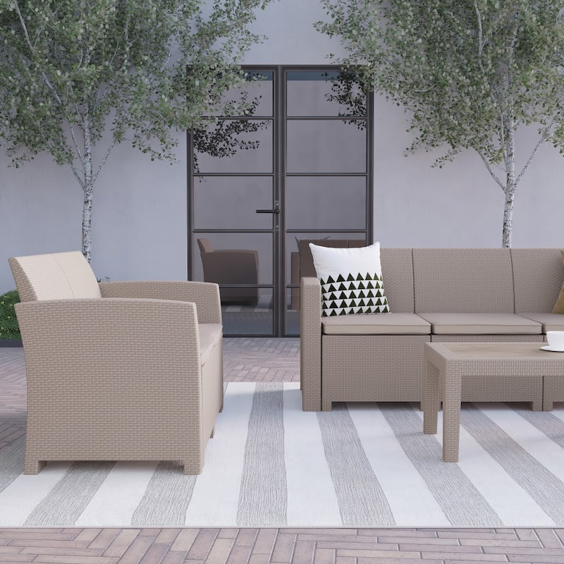 4 Piece Outdoor Faux Rattan Chair, Loveseat, Sofa and Table Set