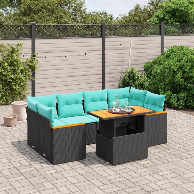vidaXL Patio Sofa Set with Cushions Outdoor Furniture 7 Piece Poly Rattan - Black - 24.4 x 24.4 x 27.2