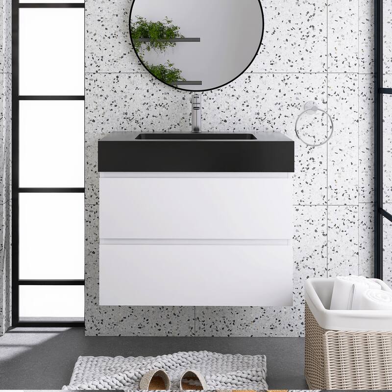 Floating Bathroom Vanity with Black Solid Surface Top - 29.9'' x 18.1'' x 25.2'' - White