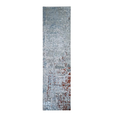 Hand Knotted Blue Modern and Contemporary with Wool & Silk Oriental Rug (2'6" x 10'2") - 2'6" x 10'2"