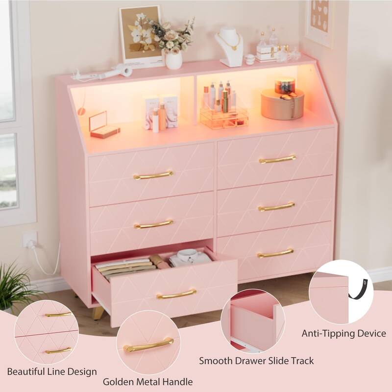 6 Drawers Dresser for Bedroom, with Charging Station and LED Lights