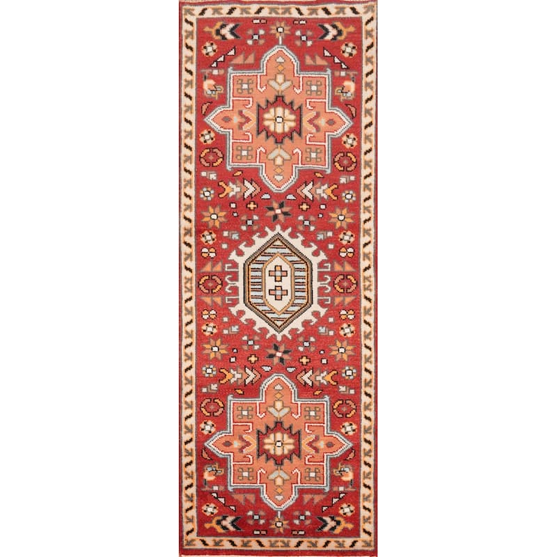 Hand Knotted Oriental 100% Wool Carpet Traditional Geometric Oranges & Rust Kazak Runner Rug - 7' 11'' X 2' 7''