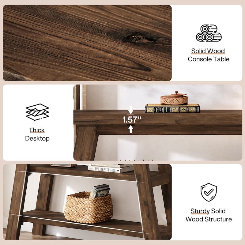 Solid Wood Console Table with 3-Tier Storage Shelves - /