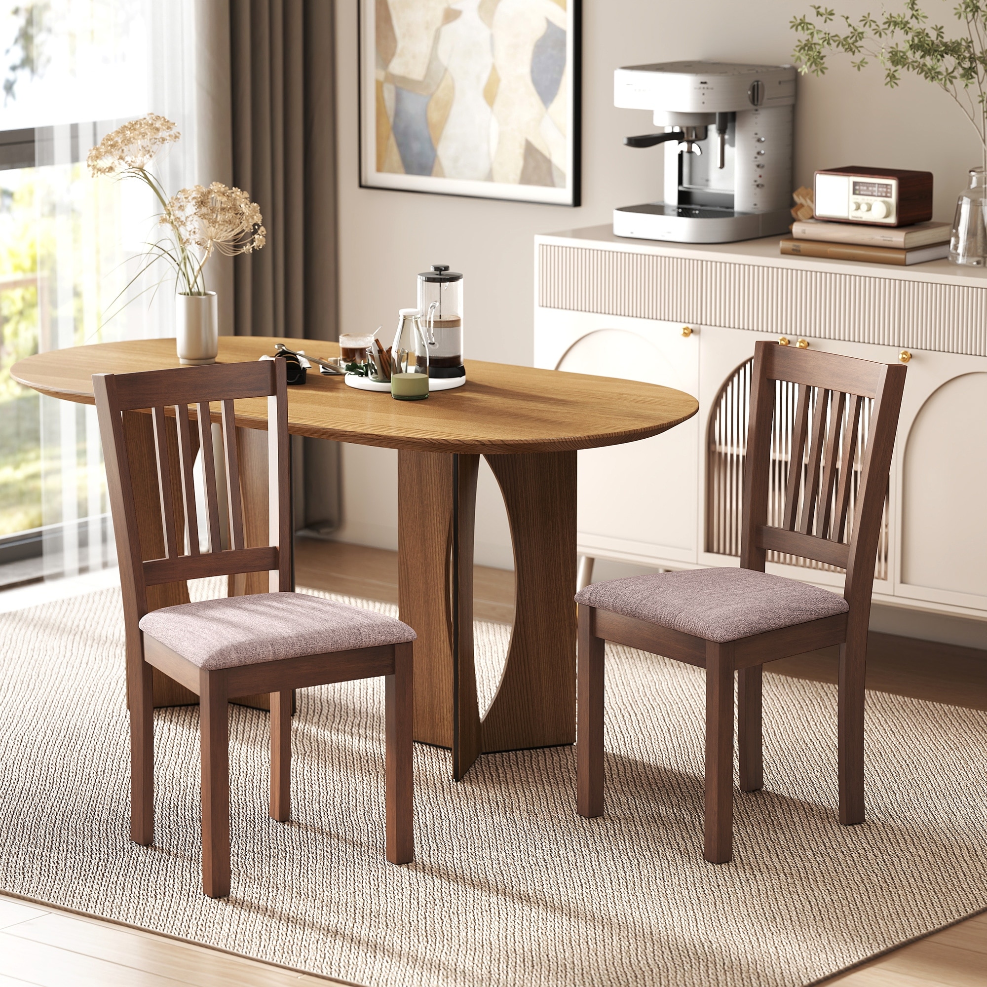 HOMCOM Modern Dining Chairs Set of 2, Linen Fabric Upholstered Kitchen Chairs with Rubberwood Legs for Dining Room, Living Room