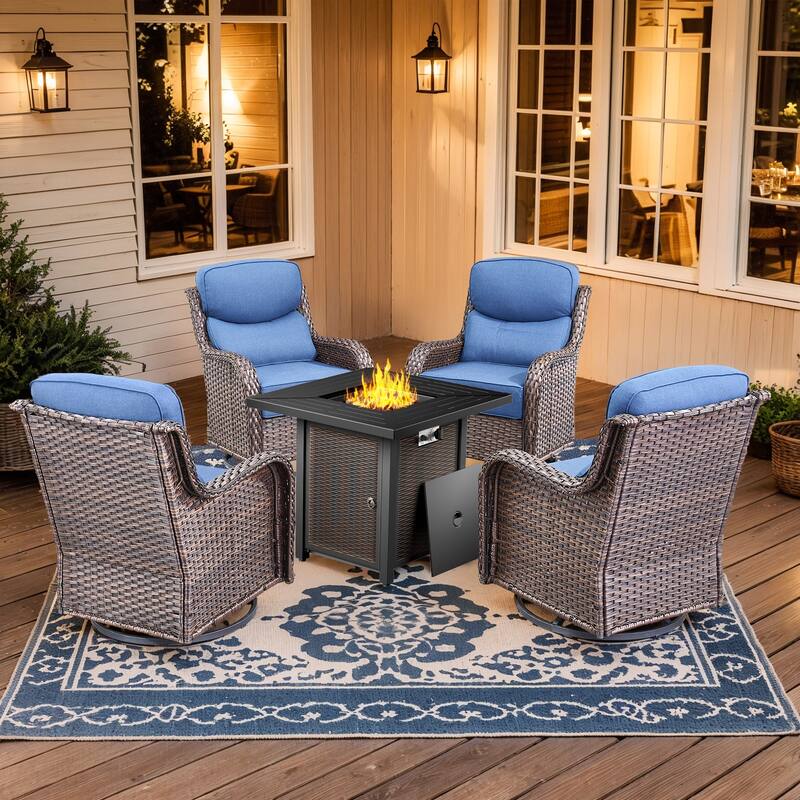 Pocassy 5/7PCS Patio Swivel Chairs 30 Inch Fire Pit Table - Blue Cushion Brown Wicker - 5-Piece Fire Pit Table w/ Swivel Chair Set