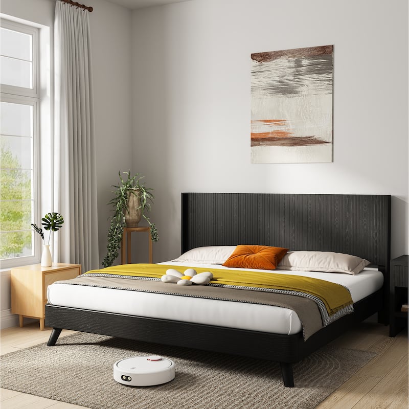 Queen Size Wood Headboard, Modern Farmhouse Design, Wall Mounted Fluted Panel, Black Oak Finish