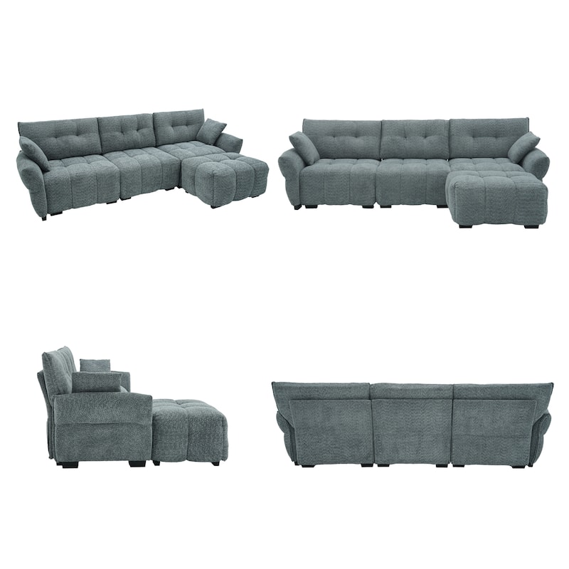 4-Seat Sectional Sofa Couch with Chaise, Tufted L-Shaped Modular Sofa with Pillows, Pocket Spring Cushions & Solid Wood Frame
