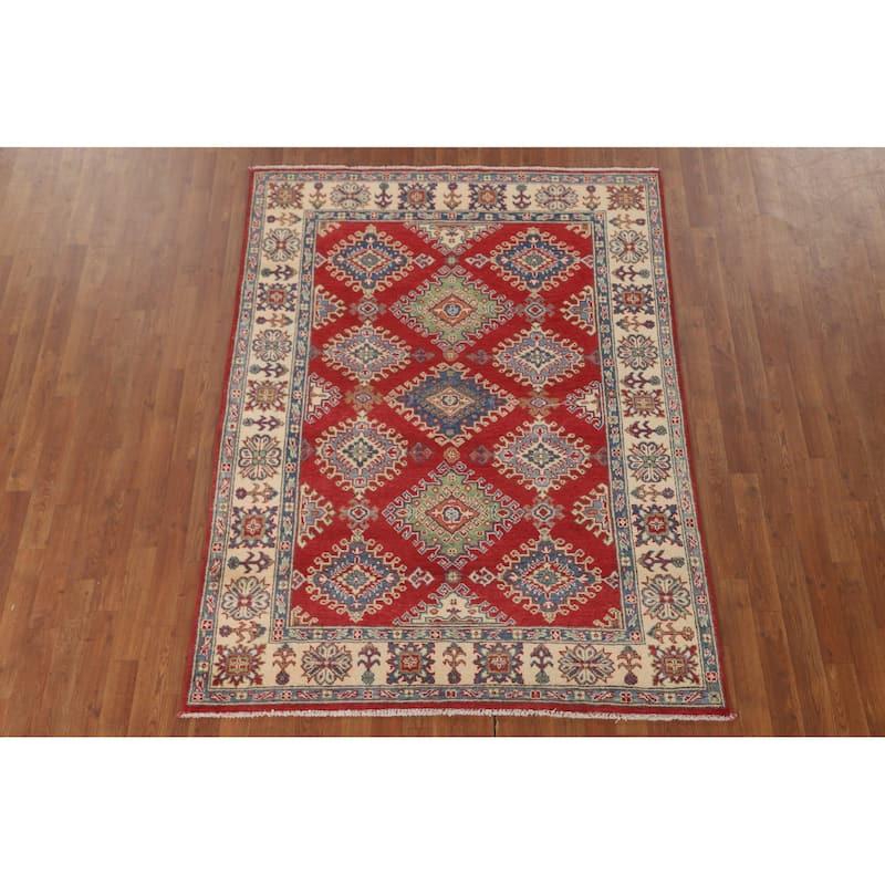 Red Kazak Area Rug Hand-Knotted Oriental Wool Carpet - 5'0" x 6'8"