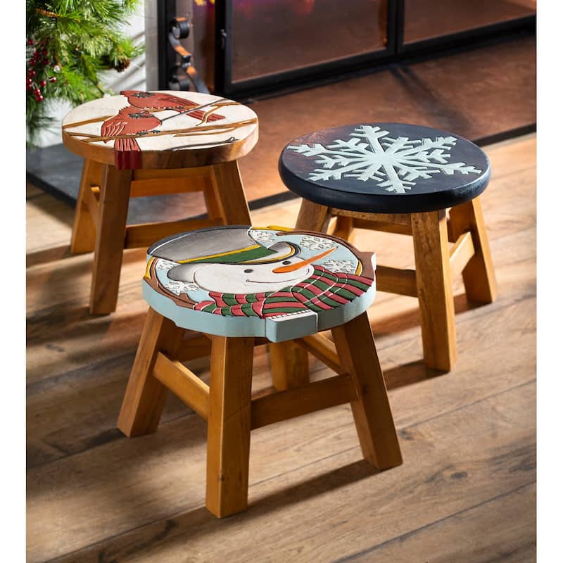 10 in. Hand-Carved Acacia Wood Holiday Footstool