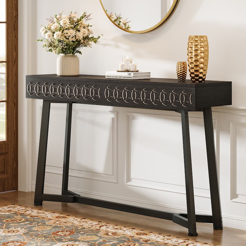 55-Inch Modern Console Table Black Entryway Table with 2 Drawers - Black