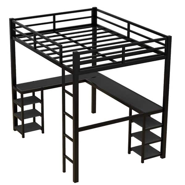 slide 2 of 12, Full Metal Loft Bed with Desk and Shelves Black