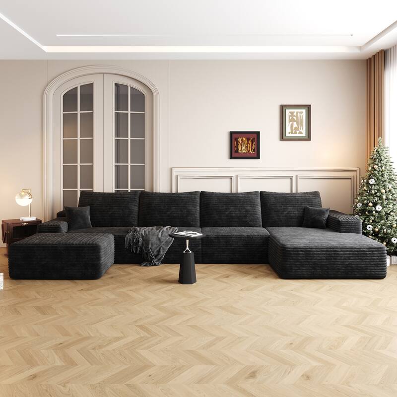 Floor Standing Chaise Lounge Couch Corduroy Upholstered Sectional Sofa Living Room Modular Deep Seat Sofa with Ottoman