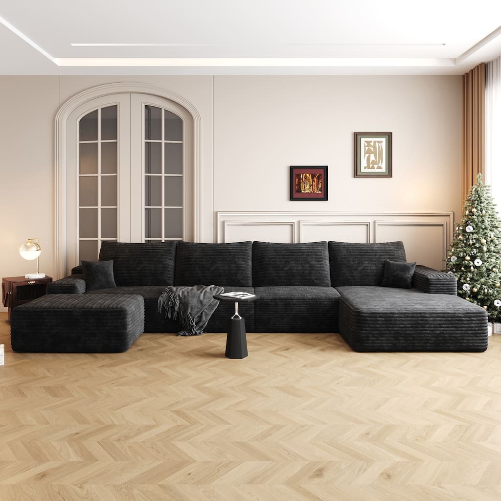 U Shaped Modular Sectional Sofa with Ottoman & Chaise, Corduroy Upholstered Boneless Couch, Corner Deep Seat Compressed Sofa