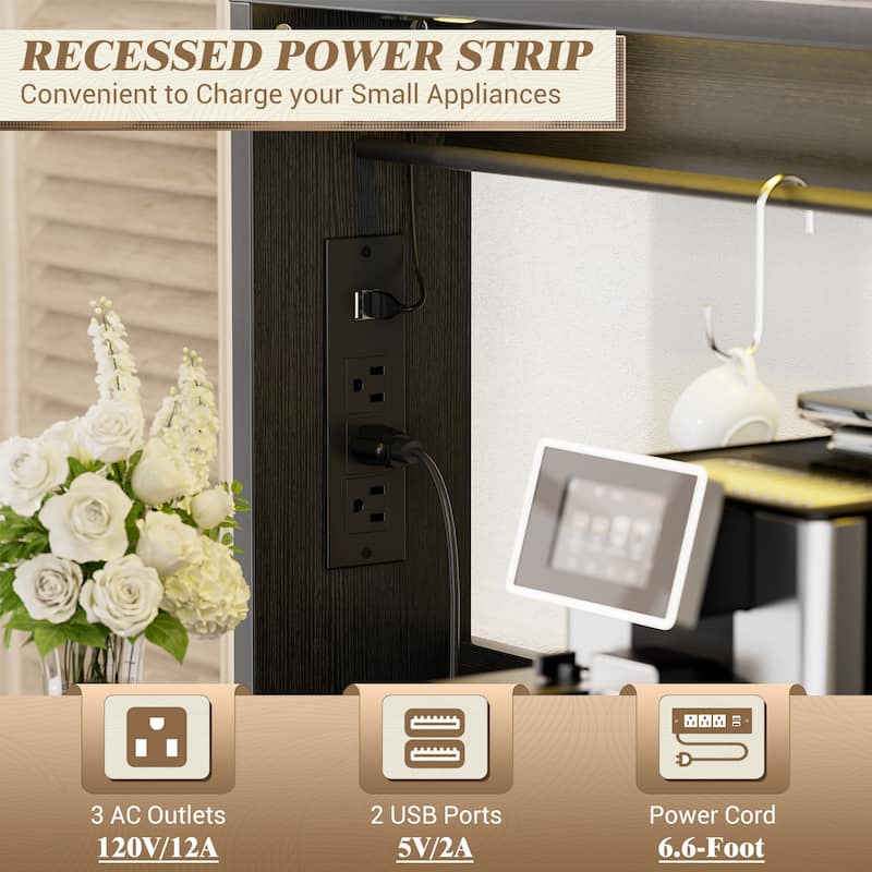 Farmhouse Wine Bar Cabinet with Barn Door & Charging Station,Sturdy Buffet Coffee Bar Cabinet with LED Lights & Hutch