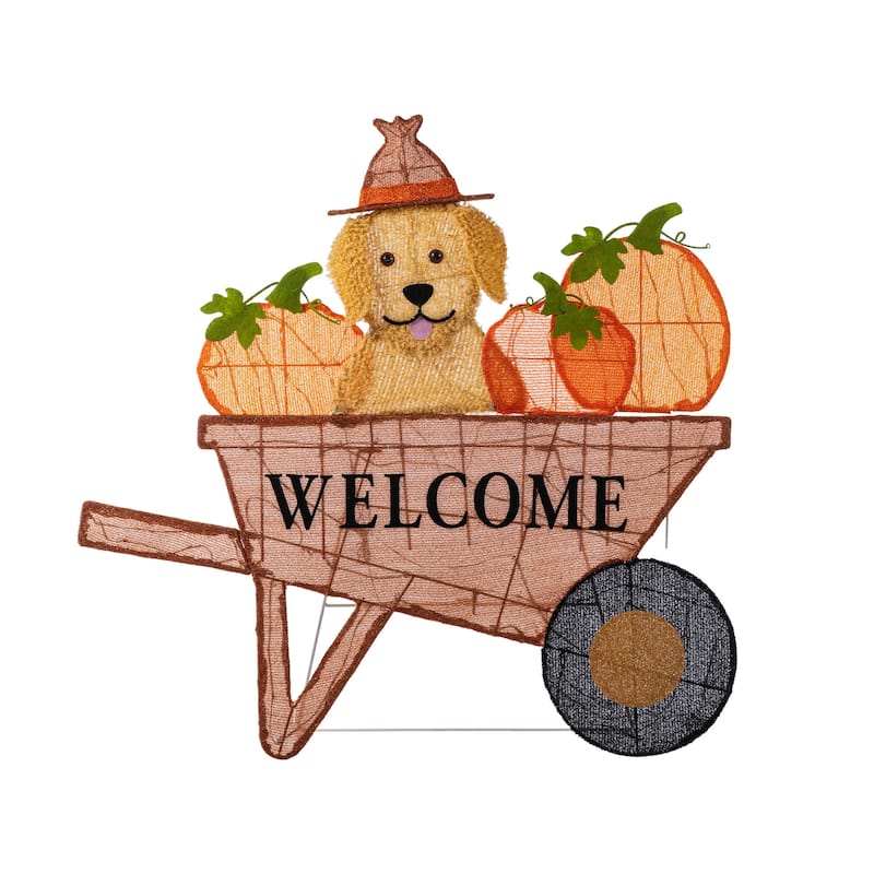 Glitzhome 3ft Lighted Fall Pumpkin Wheel Barrow with Labrador Outdoor Decor - 38.25"L x 0.5"W x 36.25"H