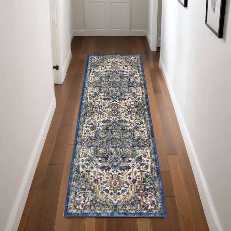 Honid Power Loomed Distressed Abstract Floral Non Skid Area Rug By HomeRoots - 96' X '28' X '0.5 - 96' X '28' X '0.5 - Oxford Blue - Runner