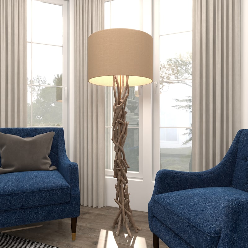 Driftwood Handmade Room Floor Lamp with Beige Linen Shade - Light Brown - Roche River Decor