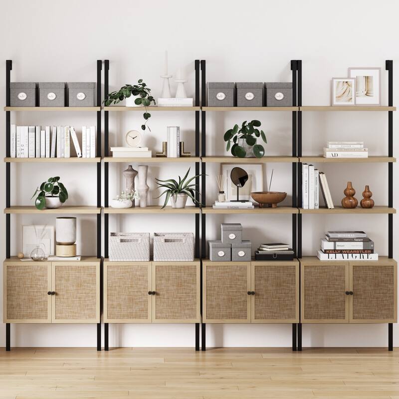 Nathan James Theo Open Shelf Industrial Bookcase with Drawers or Cabinets - Set of 4 - Oak/Black