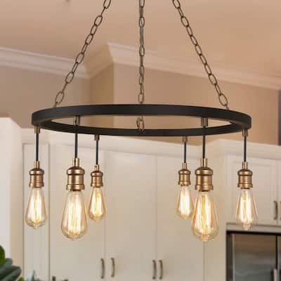 Modern Farmhouse 6-Light Black Gold Wagon Wheel Chandelier for Dining Room - W24.8"x H31.5"
