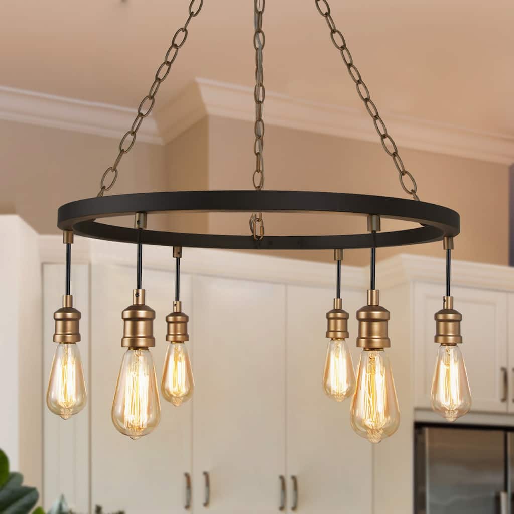 Modern Farmhouse 6-Light Black Gold Wagon Wheel Chandelier for Dining Room - W24.8"x H31.5"