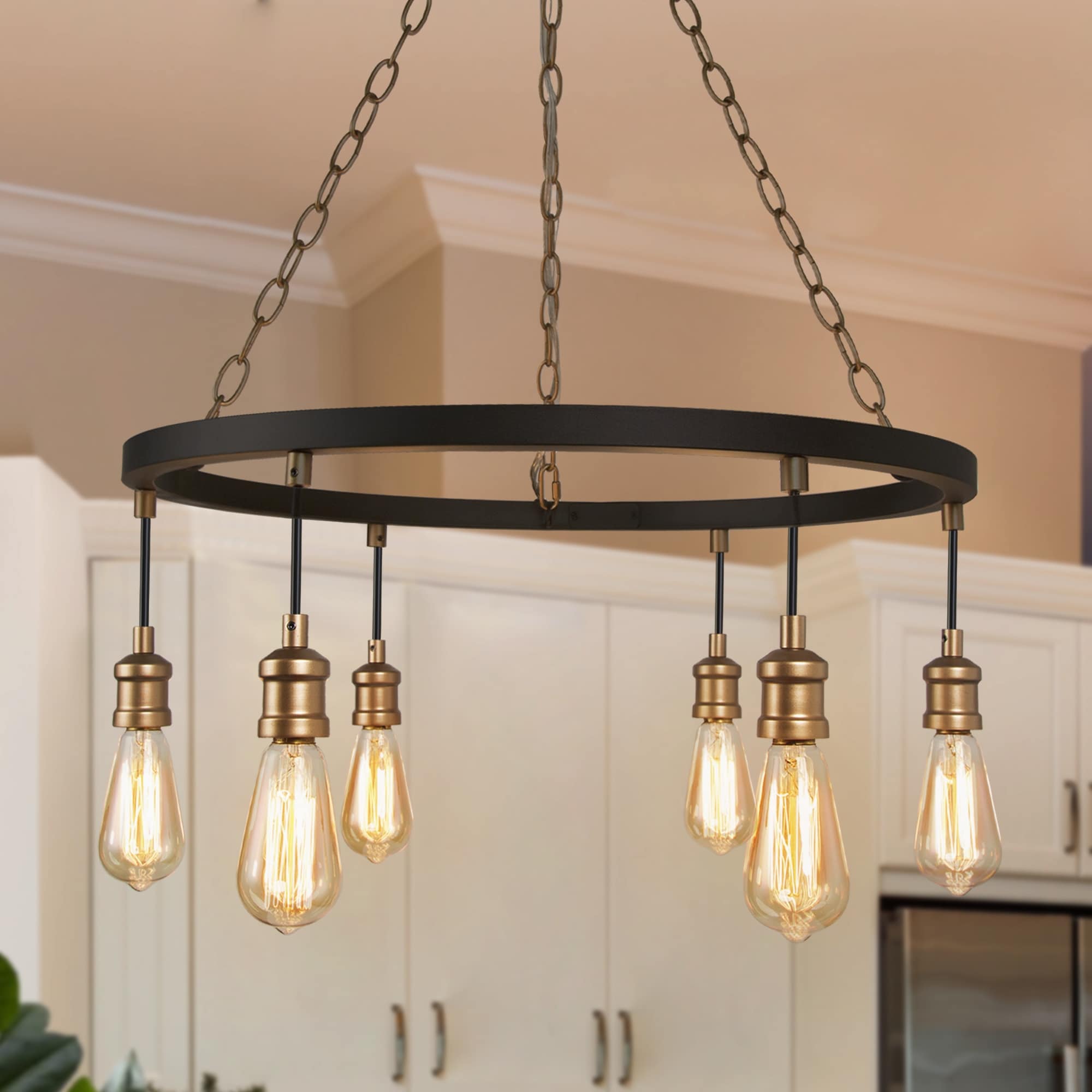 Modern Farmhouse 6-Light Black Gold Wagon Wheel Chandelier for Dining Room - W24.8"x H31.5"