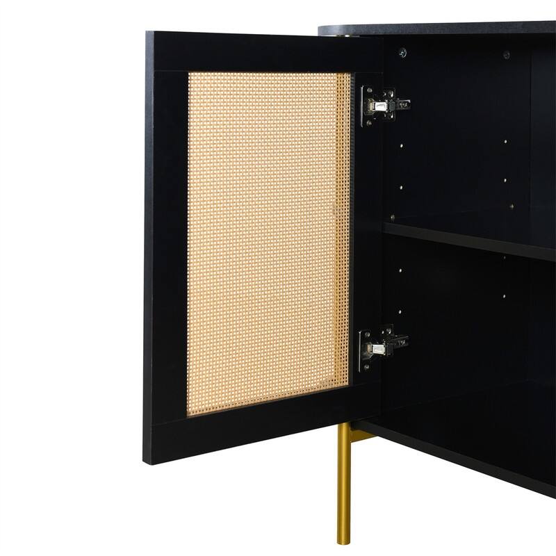 Elegant Curved Buffet Cabinet with 2 Woven Rattan Doors, Sideboard Accent Storage Cabinet with Storage Shelves & with Gold Trim