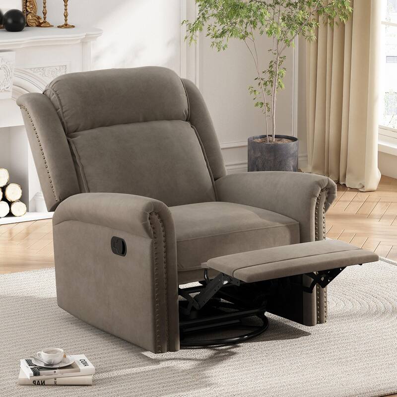 Home Theater Swivel Recliner Chair, Manual Rocking Nursery Rocker w/Adjustable Backrest Rolled Arms Lounge Chair with Rivet Trim - Light Brown