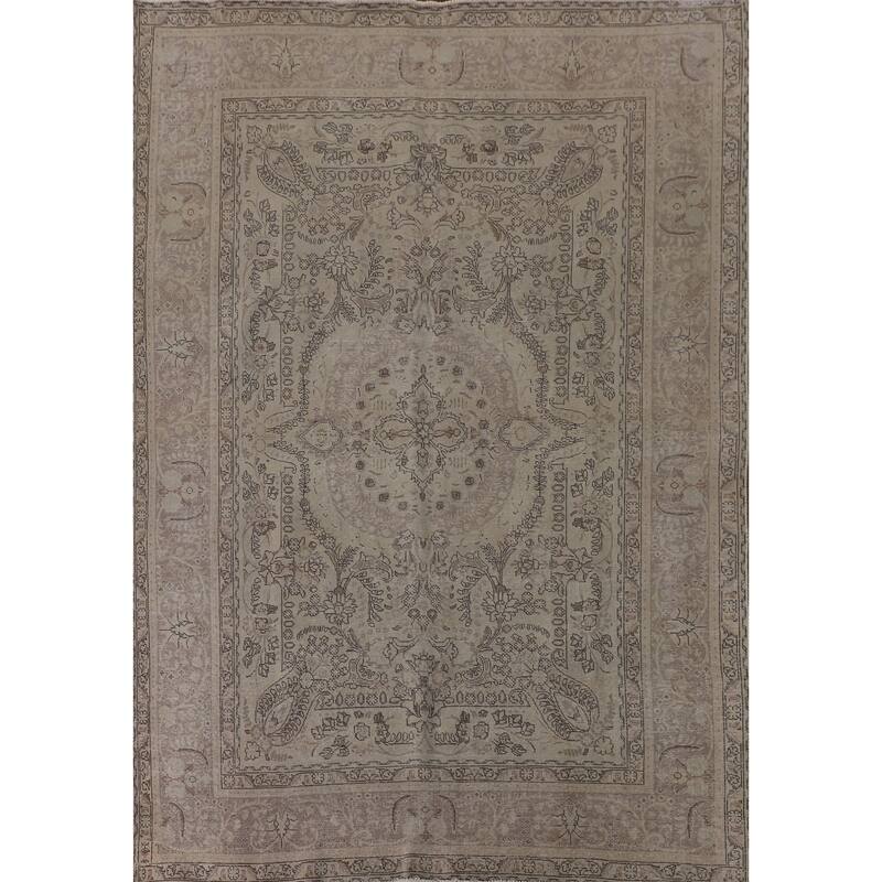 Distressed Tabriz Persian Vintage Rug Hand-Knotted Beige Wool Carpet - 8'0"x 10'7"