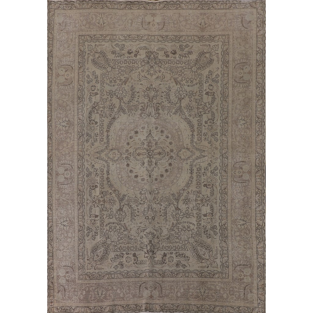 Distressed Tabriz Persian Vintage Rug Hand-Knotted Beige Wool Carpet - 8'0"x 10'7"