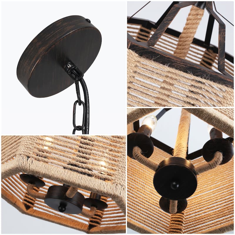 3-Light Farmhouse Lantern-style Chandelier with Hemp Rope for Living Room