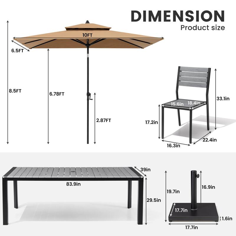 9/11-Piece Outdoor Dining Set w/10 ft Umbrella and Base Aluminum Dining Table and Stackable Chairs