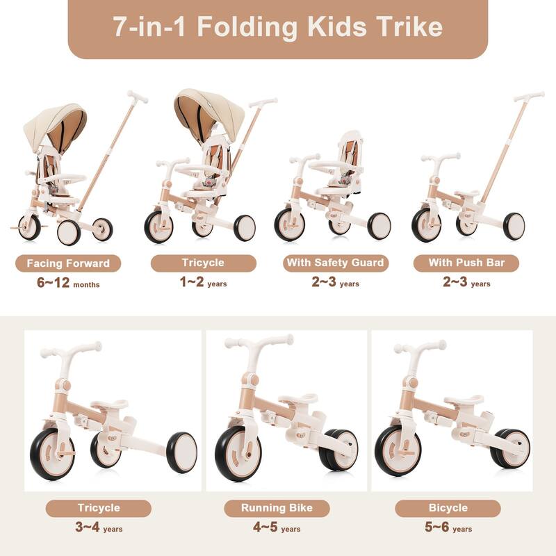 7 In 1 Baby Tricycle, Foldable Toddler Tricycle With Removable And Adjustable Parent Handle,For 12-72 Months