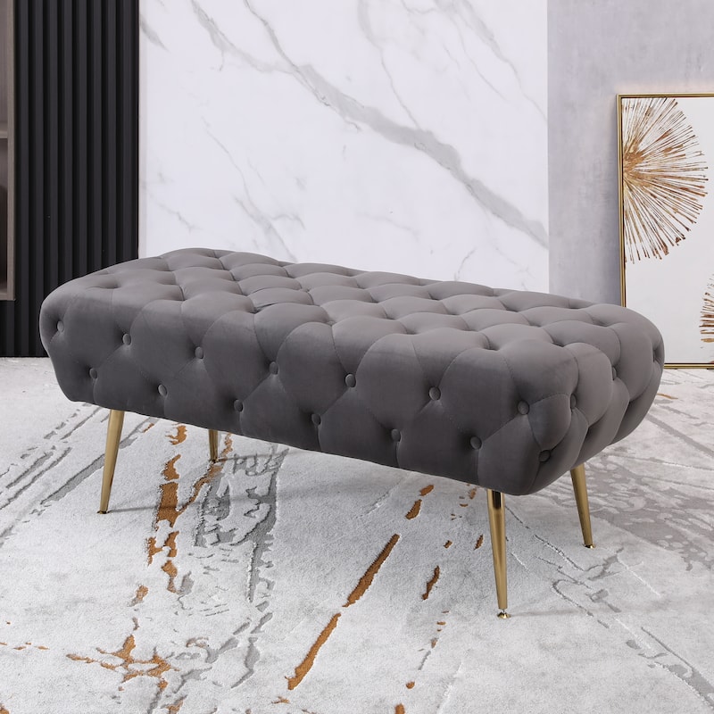 Roundhill Furniture Sira Velvet Button Tufted Bench with Gold Metal Legs