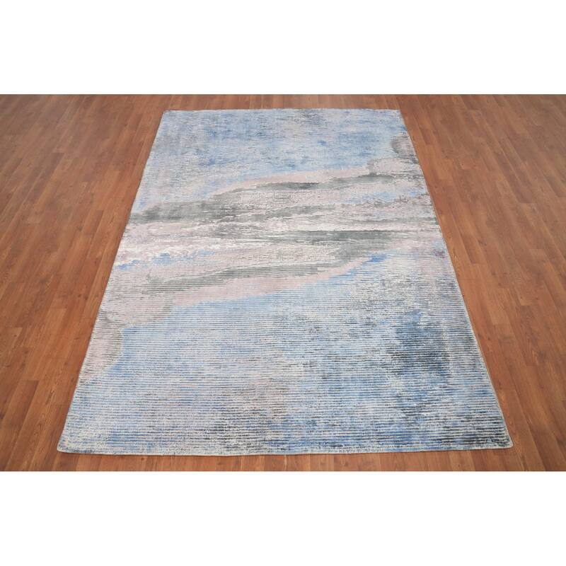 Hand Knotted Oriental Viscose Silk Carpet Modern Pictorial Navy Blue & Blues Abstract Area Rug - 7' 6'' X 5' 5''