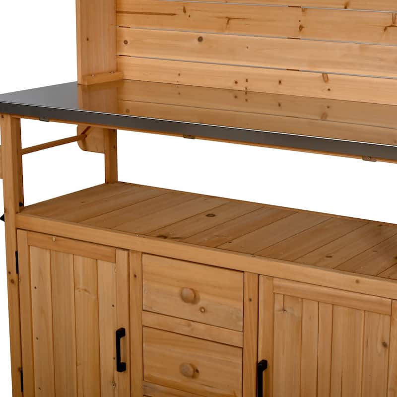 65" Outdoor Potting Bench with Stainless Steel Top, Rolling Garden Workstation with Hutch & Storage
