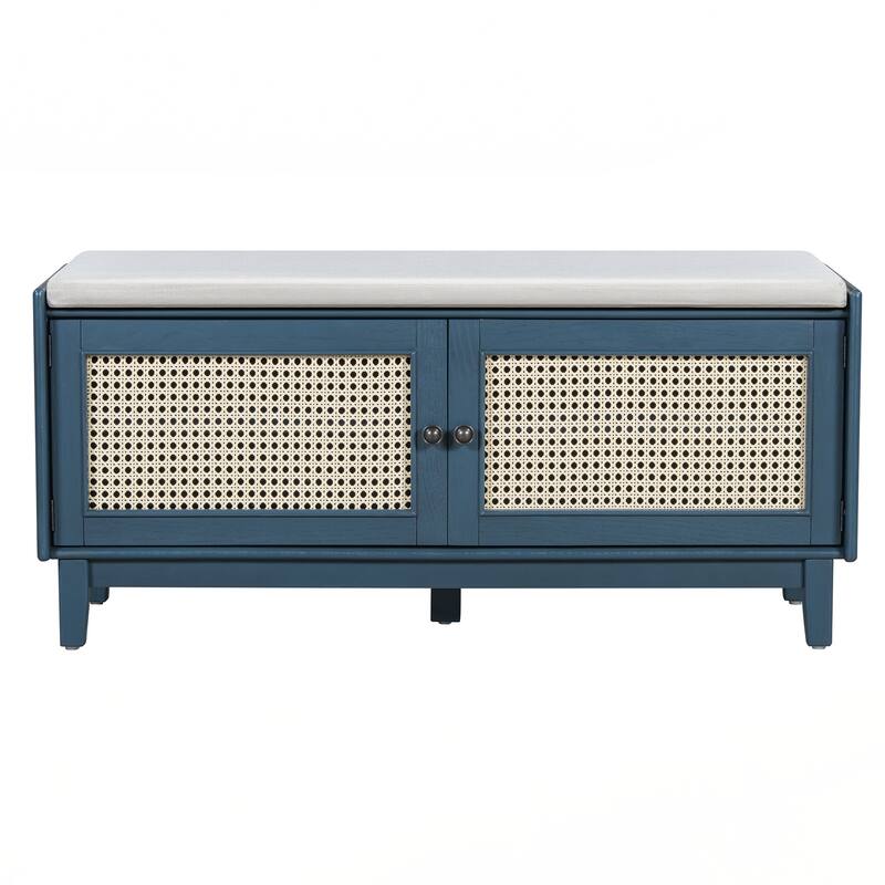 Rattan Entryway Bench with Storage, Cushioned Shoe Bench with Double Doors